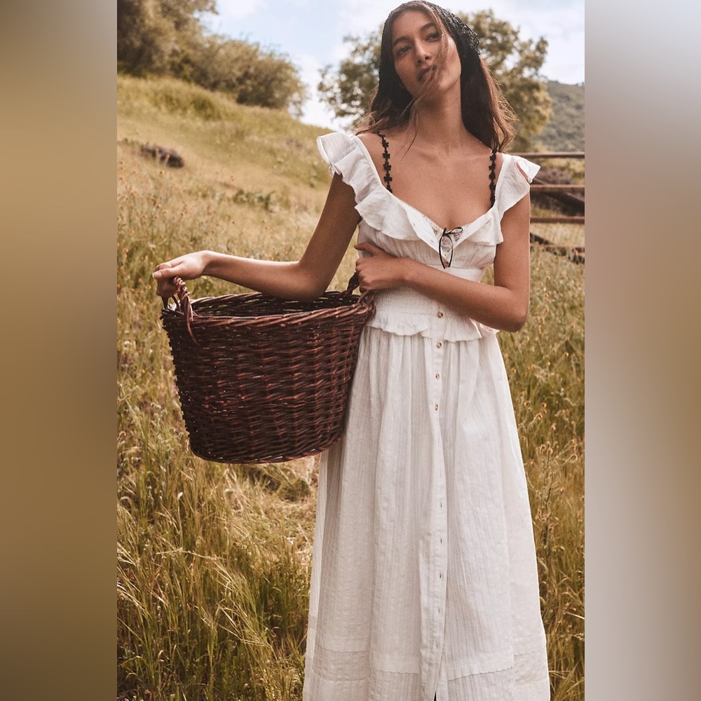NWT Anthropologie Pilcro Ruffled Smocked-Waist Button-Front Midi Dress white - Picture 2 of 6